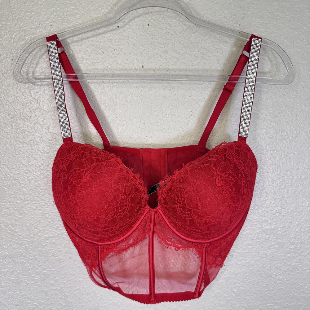 Victoria's Secret Very Sexy Push Up Bra Womens 38D Red Rhinestone Straps Corset